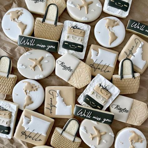 Bon Voyage Cookies Decorated, Farewell Cookies Decorated, Goodbye Cookies Decorated, We Will Miss You Cookies, Goodbye Cookies For Coworkers, Travel Bridal Shower Cookies, Moving Cookies Decorated, Goodbye Party Themes, Retirement Royal Icing Cookies