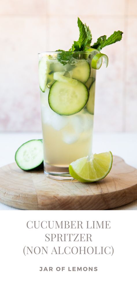 This easy-to-make Cucumber Lime Spritzer (Non-Alcoholic) is so refreshing! Made with 4 simple ingredients: fresh cucumbers, lime juice, mint leaves, and your choice of ginger beer, sparkling water, or soda, this fizzy, tangy, and perfectly sweet mocktail is the best healthy pick-me-up for warmer days ahead! Cucumber Mint Cocktail, Mint Cocktails, Iced Green Tea, Gin Cocktail Recipes, Lime Recipes, Popsugar Food, Lime Soda, Summer Cocktail Recipes, Gin Cocktails