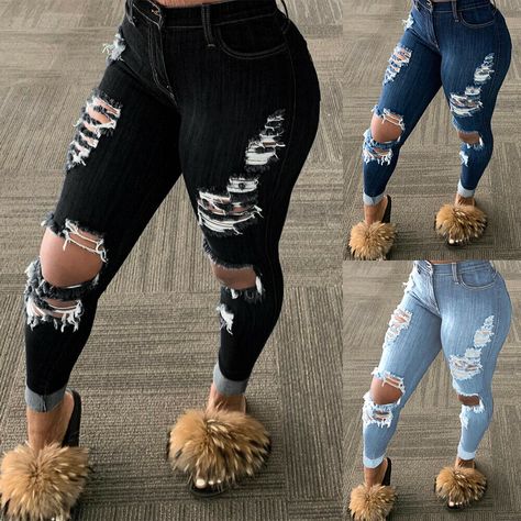 Women's High Waisted Ripped Denim Jeans Slim Fit Pencil Pants Jegging Trousers US $18.49 Athleisure Outfits Summer, Fluffy Boots, Ripped Denim Jeans, Boots Luxury, Womens Ripped Jeans, Ripped Pants, Denim Jeans Ripped, Woman Suit Fashion, Destroyed Denim