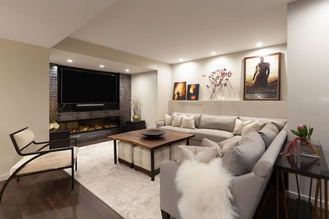 Once a catchall for toys and exercise equipment, the basement of this Sewickley home is now a sophisticated entertainment space. Basement Tv Rooms, Transitional Basement, Basement Room, Basement Redo, Dream Basement, Large Sectional Sofa, Basement Layout, Modern Basement, Basement Reno