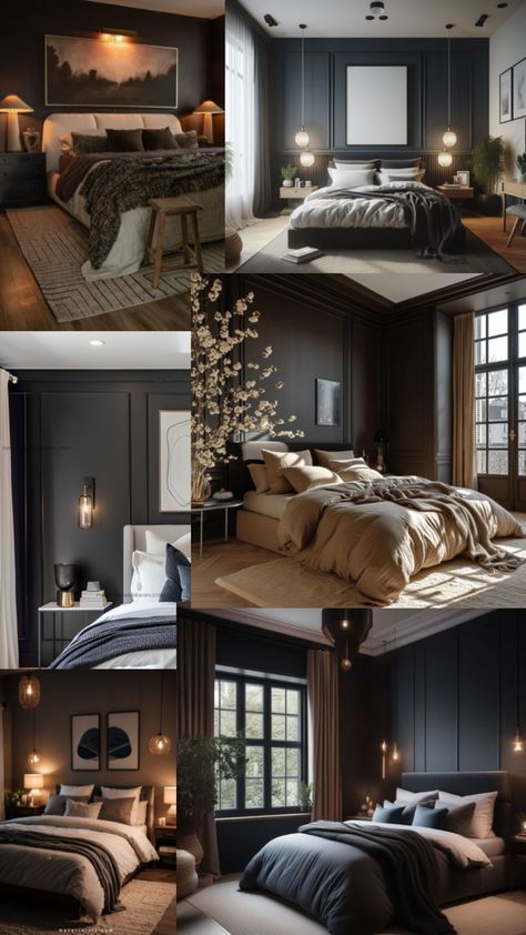 Moody Hotel Bedroom, Dark Master Bedrooms, Dark Master Bedrooms Decor, Dark Moody Bedroom Ideas, Modern Victorian Bedroom Ideas, Moody Bedrooms, Modern Victorian Bedroom, Dark Bedroom Walls, Dark Romantic Bedroom