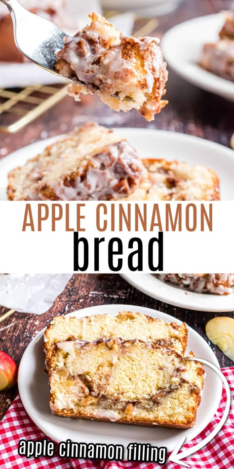 Sweet and lightly spiced Cinnamon Apple Bread is pure homemade comfort in loaf form. Packed with fresh apples and cinnamon sugar filling, this sweet bread is topped with a vanilla icing! Apple Cinnamon Bread Recipe, Apple Cinnamon Loaf, Cinnamon Apple Bread, Cinnamon Loaf, Best Apple Recipes, Cinnamon Bread Recipe, Apples And Cinnamon, Apple Cinnamon Bread, Apple Recipes Easy