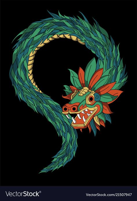 Quetzalcoatl Back Tattoo, Quatzecoatl Art, Aztec Quetzalcoatl Art, Mexican Gods, Aztec Illustration, Quetzalcoatl Art, Aztec Gods, Quetzalcoatl Tattoo, Aztec Tattoos