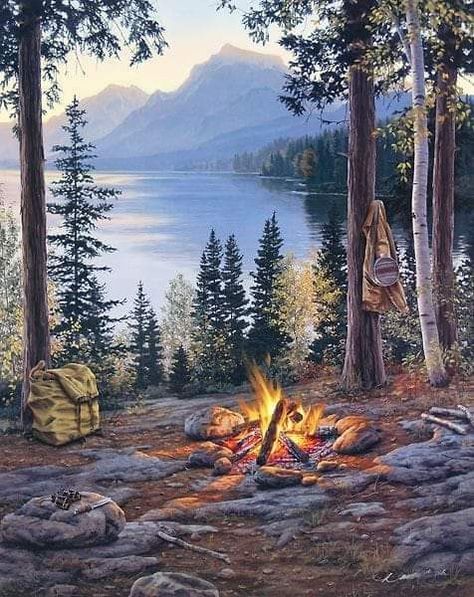 Mountains And Trees, Room With A View, Hur Man Målar, Landscape Drawings, Camping Art, Western Art, Wildlife Art, In The Woods, Campfire