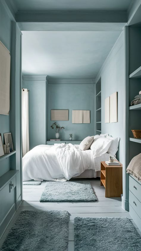 Marble Floor Bedroom, Deep Blue Bedroom, Sky Blue Bedroom, Brown Wood Furniture, Blue Bedroom Design Ideas, Earthy Bedrooms, Bedrooms Dark, Cozy Minimalist Bedroom, Blue Bedroom Paint