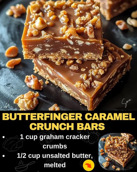 Butterfinger Caramel Crunch Bars Butterfinger Recipes, Caramel Bars Recipe, Butterfinger Bars, Graham Cracker Toffee, Chocolate Strawberry Cheesecake, Brownie Treats, Easy Candy Recipes, Toffee Chips, Crunch Bars