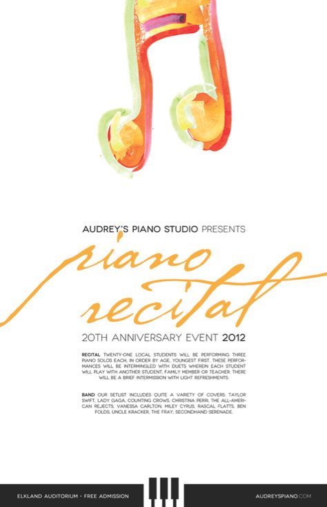 2012 Recital/Concert poster for a piano teacher in Pennsylvania. Benefit Concert Poster, Piano Recital Poster, Piano Concert Poster, Piano Poster Design, Orchestra Poster, Recital Poster, Charity Poster, Concert Poster Design, Kids Piano