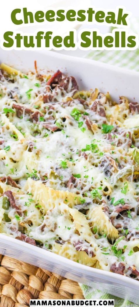 Cheese Steak Stuffed Shells, Steak Stuffed Shells, Philly Cream Cheese Recipes, Cheesesteak Stuffed Shells, Soft Vegetables, Best Philly Cheesesteak, Jumbo Shells, Favorite Casserole Recipes, Shell Pasta Recipes