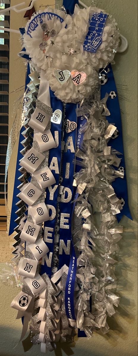 Mum Blue White and silver Mums Blue And White, Blue White Silver Homecoming Mum, Homecoming Mums Blue And White, Blue And White Mums Homecoming, Mums Hoco, Homecoming Inspo, Hoco Mums, Mum Ideas, White Mums