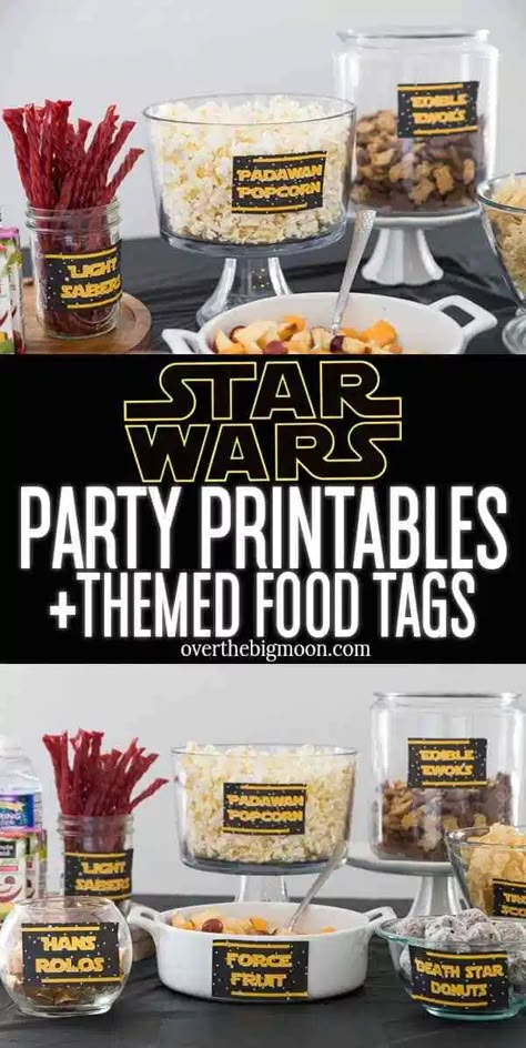 Star Wars Day Food Ideas, First Birthday Star Wars Cake, Grogu Food, Star Wars Party Ideas For Adults, Star Wars Day Food, Star Wars Food Labels, Star Wars Centerpiece, Star Wars Gender Reveal, Star Wars Party Printables