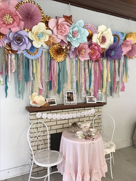 Tea Party Photo Booth Backdrops, Tea Party Photo Booth Ideas, Tea Party Photo Backdrop Ideas, Tea Party Backdrop Ideas, Tea Party Photo Backdrop, Ideas For Tea Party, Tea Party Photo Booth, Fabric Strip Banner, Tea Party Bridal Shower Ideas