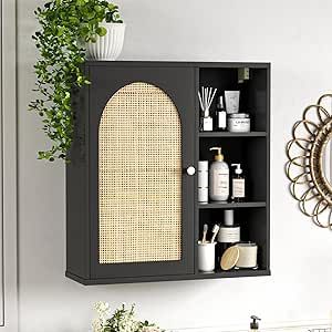 Rattan Bathroom Wall Cabinet, Boho Medicine Wall Cabinets with Door and Adjustable Shelves, Tall Kitchen Wall Mounted Storage Cabinet, Floating Hanging Cabinet Space Saver for Laundry Room,Black In Wall Medicine Cabinet, Rattan Bathroom, Black Storage Cabinets, Laundry Room Black, Wall Mounted Storage Cabinet, Rattan Door, Bathroom Wall Cabinet, Tall Kitchen, Above The Sink