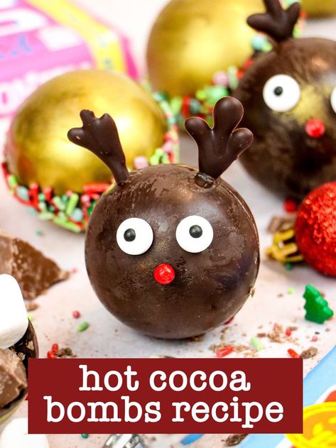 Get into the holiday spirit with these festive hot cocoa bombs! These DIY hot cocoa bombshells are super fun to make and decorate. Plus, they make creamy dreamy hot chocolate: the perfect way to warm up on a cold winter day! Simply place one hot cocoa bombshell in a mug, pour hot milk over it, and watch as the chocolate shell melts away to reveal a sweet surprise inside! And while what's on the inside is what counts, who wouldn't love the reindeer decoration on the outside? Get the recipe online Hot Cocoa Bombshell, Cocoa Bombshell, Hot Cocoa Bombshell Recipe, Hot Chocolate Bombshell Recipe, Hot Chocolate Bombshell, Chocolate Bombshell, Reindeer Hot Chocolate, Healthy Hot Chocolate, How To Temper Chocolate