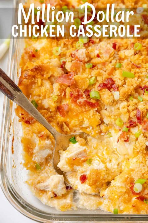 This Million Dollar Chicken Casserole is total comfort food! Tender chicken is coated in a creamy sauce and sprinkled with a buttery cracker topping before baking in the oven. It's the perfect comforting dinner, and is the one chicken casserole you will want to make again and again! Chicken Casserole Recipes Cheddar Bay, Chicken Oven Casserole Recipes, The Best Chicken Casserole, Casserole Dishes With Chicken, Yummy Chicken Casseroles, Chicken Casserole Dishes For Dinner, Old Fashioned Chicken Casserole, Ultimate Chicken Casserole Recipes, Chicken Casserole With Mayonnaise