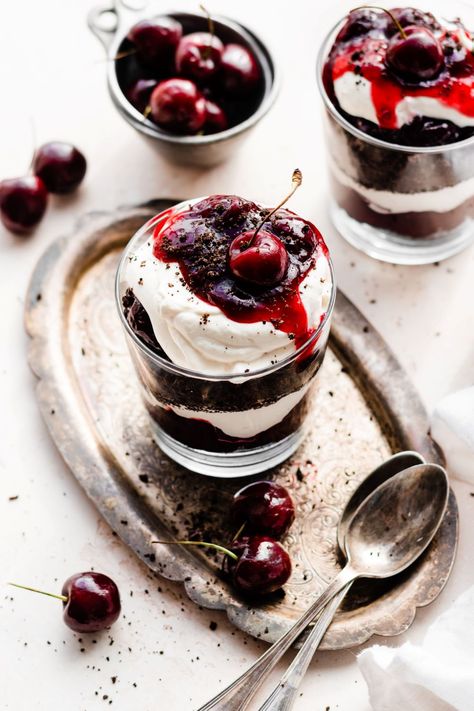 Black Forest Chocolate Parfaits Recipe - Lulus.com Fashion Blog Chocolate Parfait Recipes, Date Night Desserts, Luncheon Menu Ideas, Forest Recipes, Appetizer Fruit, Black Forest Trifle, Cherry Parfait, Single Serving Desserts, Cherry And Chocolate