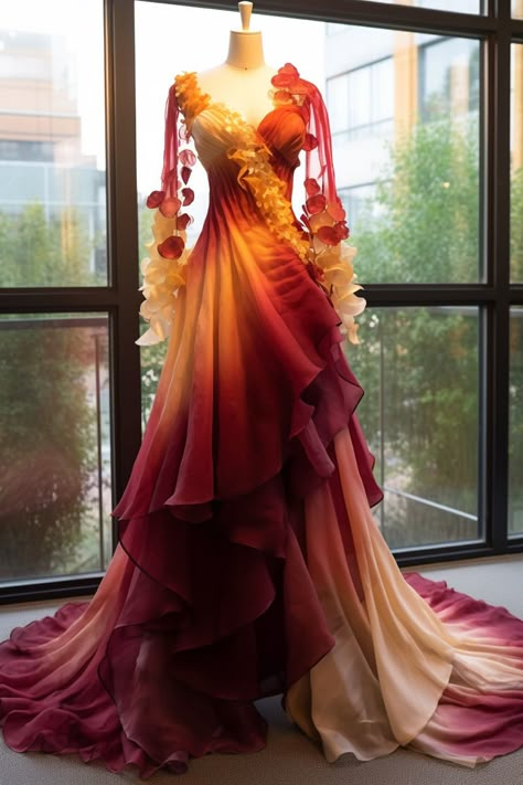 Snapdragon inspired gown Phoenix Inspired Gown, Moana Prom Dress, Autumn Court Dress, Fire Dress Gowns, Fire Gown, Degrade Dress, Sunset Gown, Autumn Court, Winter Gowns