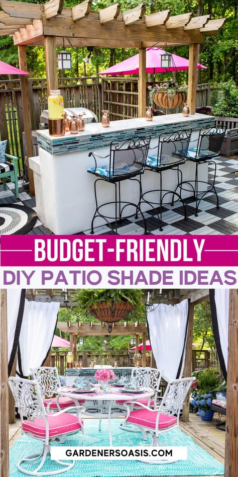 DIY Backyard Shade Ideas For a Cooler Deck or Patio | Arbors and Pergolas Diy Backyard Shade Ideas, Diy Backyard Shade, Outdoor Shade Ideas, Backyard Shade Ideas, Diy Patio Cover, Diy Pergola Kits, Garden Patios, Deck Or Patio, Deck And Patio