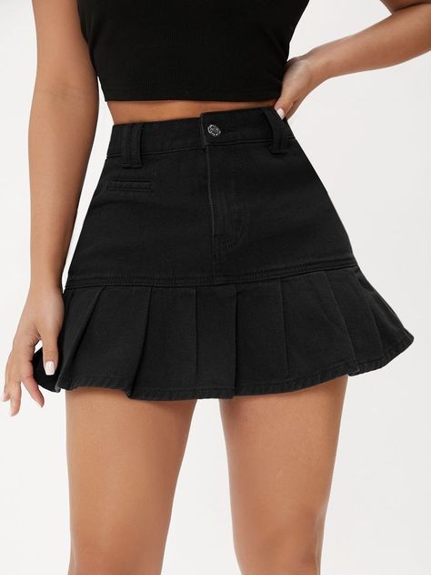 Black Denim Pleated Skirt Outfit, Black Denim Pleated Skirt, Black Skirt Denim, Black Denim Skirts, Denim Skirt Outfit Ideas, Hem Skirt Outfit, Black Denim Skirt Outfit, Denim Skirt Black, Denim Skirt Outfit