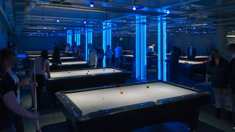 Pool House Layout, Pool Table Room Size, Pool Hall Ideas, Pool Room Ideas, Billiards Bar, Snooker Room, Vegas Pools, Biker Bar, Pool Table Room