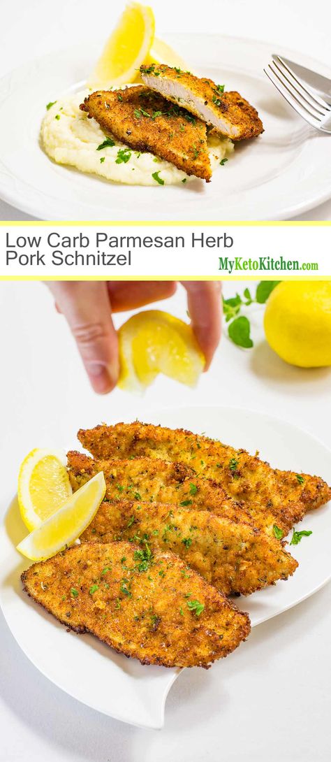 Low Carb Parmesan Herb Pork Schnitzel (Gluten Free, Ketogenic) Cheese Steak Fries, Schnitzel Recipes, Low Carb Pork, Pork Schnitzel, Low Carb Low Fat Recipes, Pork Fillet, Boiled Egg Diet Plan, Cheese Steak, Low Carb Diet Recipes