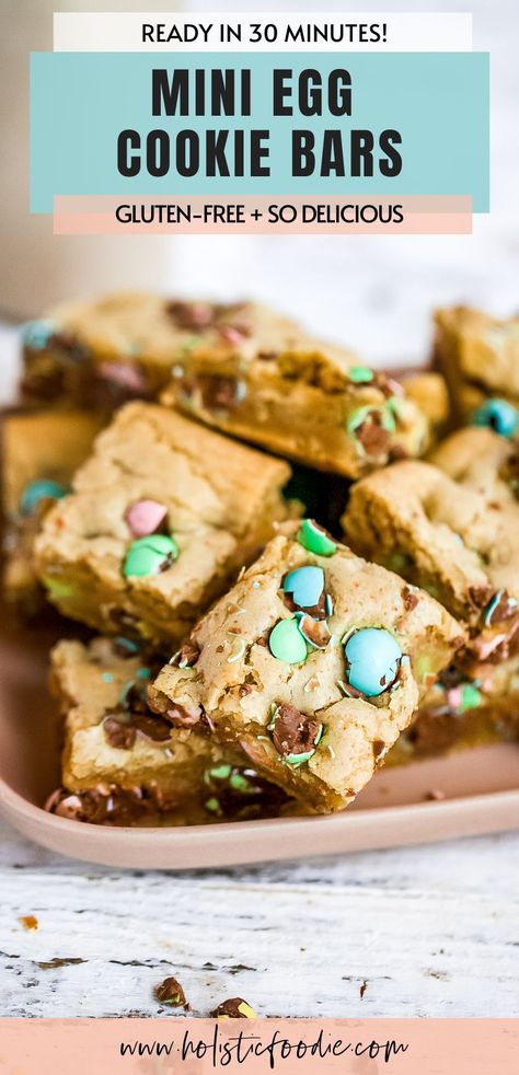 These mini egg cookie bars are easy to make with no chilling, rolling or scooping required! Made with gluten-free flour these are allergen friendly too. This easy mini egg inspired dessert is great for Easter, or swap out the mini eggs for another candy like M&M's. Mini Egg Recipes, Mini Eggs Cookies, Gluten Free Easter, Gluten Free Recipes For Kids, No Egg Desserts, Easy Easter Desserts, Easy Gluten Free Desserts, Making Cookies, No Egg Cookies