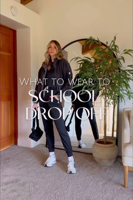 Outfits For School Drop Off, Mom Back To School Outfit, Daycare Drop Off Outfit, Mom Outfits School Drop Off, Playdate Outfit For Mom Winter, Mom Sweatpants Outfit, Cute Babysitting Outfits, Back To School Night Outfit Mom, School Function Outfit Mom