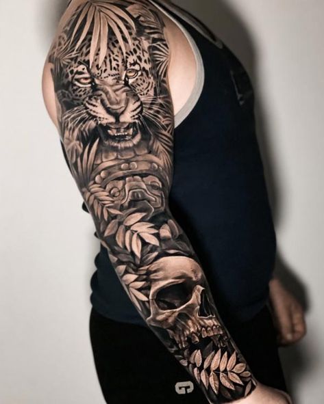 Jaguar and skull tattoo Traditional Jaguar Head Tattoo, Tattoo Sketch Art, Jungle Tattoo, Jaguar Tattoo, Blue Rose Tattoos, Cool Arm Tattoos, Forearm Tattoo Women, Full Sleeve Tattoos, Calf Tattoo