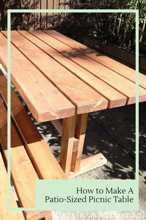 This simple picnic table is made for small spaces. It uses constructional lumber for an affordable option! Simple Picnic Table, Simple Picnic, Large Planter Boxes, Commercial Patio Furniture, Round Patio Table, Semi Transparent Stain, Narrow Table, Blueberry Bushes, Table For Small Space