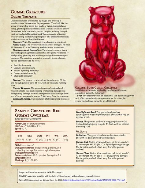 Here's a great family friendly D&D moster for your game. You can even use real gummi bears as miniatures! Dnd Stats, Dnd Character Sheet, Dnd Stories, Dungeon Master's Guide, Dnd Races, Dungeons And Dragons 5e, Dnd Funny, D D Monsters, Dnd 5e Homebrew