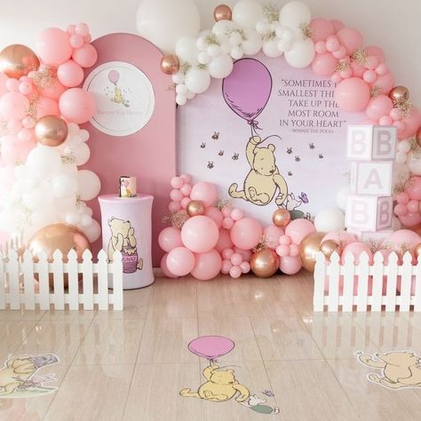 See the most adorable Winnie the Pooh baby shower theme photos to get more inspiration preparing your party. Explore 24 creative Pooh Bear baby shower decoration ideas now! Whinne Pooh Baby Shower Girl, Pink Pooh Baby Shower Ideas, Baby Girl Winnie The Pooh Shower Ideas, Winnie The Pooh Pink Baby Shower Ideas, Colorful Baby Shower Theme, Baby Girl Bear Shower Ideas, Girl Baby Shower Winnie The Pooh, Girl Themed Baby Shower Ideas, Baby Shower Pink Theme