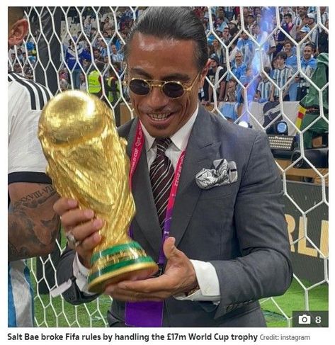 BAD TASTE Moment Salt Bae SNATCHES World Cup trophy to shamelessly perform trademark ‘sprinkle’ as fury over pitch invasion grows | THIS is the moment celebrity chef Salt Bae snatched the World Cup trophy from a winner's baby after pestering Lionel Messi for a selfie. Fifa was facing questions today over why the restaurateur was allowed on the pitch following embarrassing scenes at the showpiece final. Ronaldo Holding World Cup, Argentina Players, Salt Bae, World Cup Trophy, World Cup Final, The Pitch, World Cup 2022, Celebrity Chefs, English Premier League