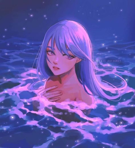 Blue Hair Girl Art, Moonlight Drawing, Water Anime, How To Draw Water, Water Girl, Anime Summer, Water Brush, Wow Art, Arte Fantasy