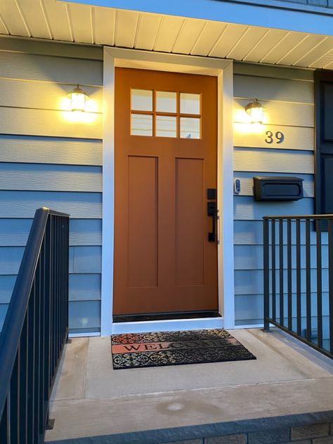 Orange Front Door, Tuscan Colors, Orange Front Doors, Front Door Color, Modern Exterior Doors, Orange Door, Exterior Front Doors, Front Entry Doors, Front Door Colors