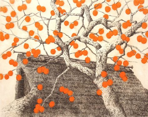 Persimmon tree - 2003 etching and aquatint by Ryohei Tanaka b.1933 Ryohei Tanaka, Tanaka Ryohei, Persimmon Tree, Art Japonais, Japanese Painting, Sumi E, Japan Art, Japanese Prints, Chinese Painting