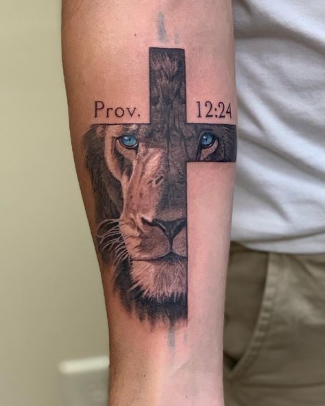 Forearm Cross Tattoo Biblical Men Tattoos, Calvary Hill Tattoo, Around The Wrist Tattoos For Guys, Cross With Lion Tattoo, Cross With A Crown Tattoo, Obedience Tattoo, Tattoo On Tricep For Men, Biblical Tattoo Ideas For Men, Psalm 91 Tattoo Men