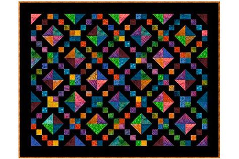 Use this Jewel Box quilt pattern to make a gorgeous quilt from a combination of vividly colored fabrics sewn against a black background. Jewel Box Quilt, Box Quilt Pattern, Bed Quilt Patterns, Hunters Star Quilt, Tree Quilt Block, Cat Quilt Block, Pinwheel Quilt Block, House Quilt Block, Churn Dash Quilt