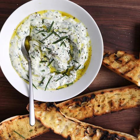 Herbed Ricotta with Grilled Bread Recipe - Justin Chapple Antipasto Recipes, Herbed Ricotta, Ricotta Dip, Ricotta Recipes, Grilled Bread, Snacks Appetizers, Appetizer Dips, Ricotta Cheese, Small Bites