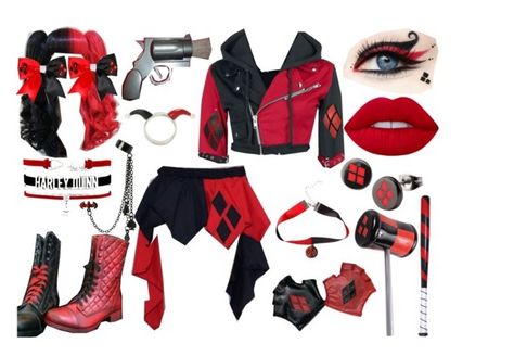 "Alex Gwen Cosplaying As The Old Harley Quinn" by reilyandydeveraux ❤ liked on Polyvore Old Harley Quinn, Harley Quinn Inspired Outfit, Harley Quinn Red And Black, Original Harley Quinn, Goth Emo Outfits, Harley Quinn Outfit, Red And Black Outfit, Jester Costume, Red And Black Outfits