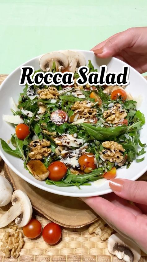 Rocca Salad, Balsamic Mushroom, Salad Ingredients, Balsamic Vinegar, Cherry Tomatoes, Parmesan, Garlic Cloves, Vinegar, Tomatoes