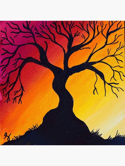 "Black Tree and Sunset" Art Print by Savagemuse23 | Redbubble Sunset With Black Trees Painting, Tree Of Life Painting Easy, Deep Sunset, Tree Of Life Painting, Fall Canvas Painting, Nature Picture, Sunset Silhouette, Silhouette Painting, Beautiful Scenery Pictures