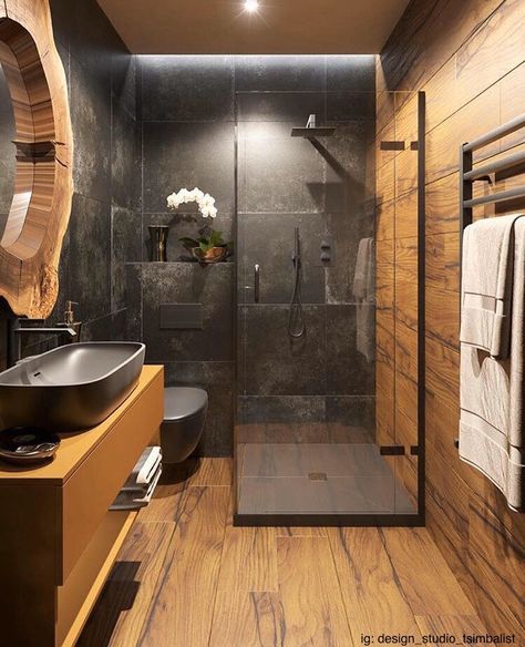 Billionaires on Twitter: "dark tones + wood makes for the perfect bathroom 🖤… " Eco Bathroom, Top Bathroom Design, Diy Bathroom Design, Minimal Bathroom, Bathroom Shower Design, Black Tile, Decor Baie, Trendy Bathroom, Wood Bathroom