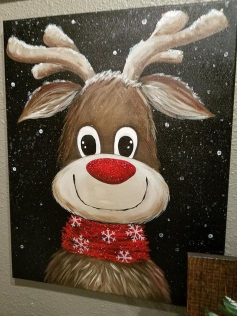 Diy Christmas Paintings For Kids, Christmas Moose Painting, Cute Holiday Paintings, Easy Christmas Pictures To Paint, Reindeer Painting Canvases, Christmas Paintings Diy, Christmas Acrylic Painting Ideas, Cute Snowman Painting, Christmas Paintings On Canvas Easy Diy