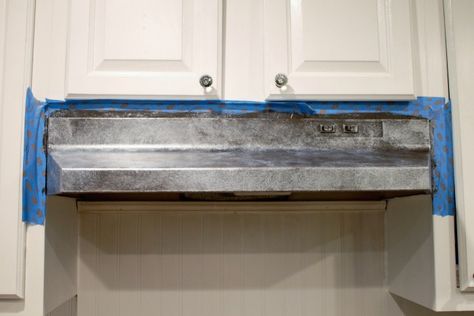 A Kitchen Range Hood Makeover, On the Cheap • Roots & Wings Furniture LLC Range Hood Makeover, Stove Top Range, Metal Range Hood, Oven Hood, White Cupboards, General Finishes Milk Paint, Kitchen Finishes, Roots And Wings, Kitchen Range Hood