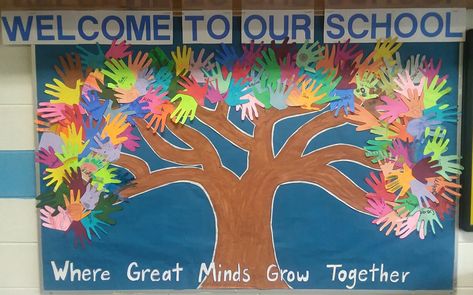 Student handprints as leaves on the tree Tree For Bulletin Board, Giving Tree Bulletin Board Ideas, Classroom Tree Bulletin Board, Handprint Tree Bulletin Board, Tree Study Bulletin Board Preschool, Classroom Tree, Bulletin Board Tree, Yarn Trees, Speech Room