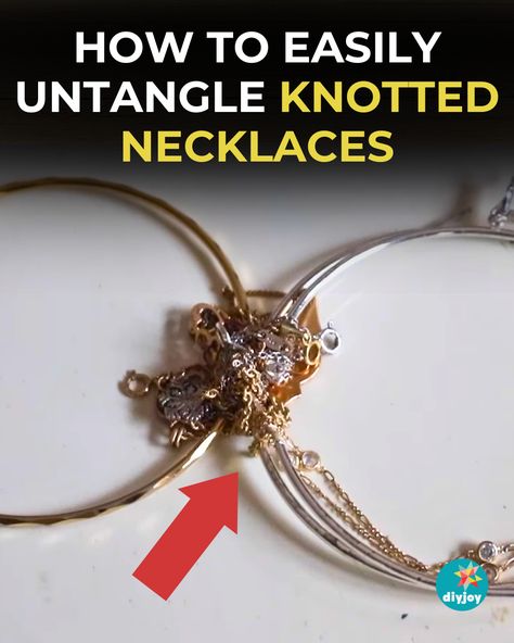 Necklaces can easily get tangled if you put them together in one bag. Learn how to untangle knotted necklaces with this tutorial. How To Detangle A Necklace, How To Get Knots Out Of Necklaces Chain, Untangle Necklace Chains, How To Untangle A Necklace, How To Untangle Necklaces, Knotted Necklace Diy, Untangle Necklace, Giant Bubble Wands, Diy Statement Necklace