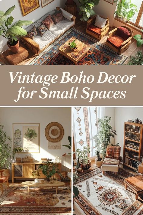 Add vintage boho charm to small spaces with eclectic patterns and textures. #BohoDecor #SmallSpaceLiving #VintageStyle Small Bohemian Living Room, Thrifted Living Room, Sitting Room Ideas Cozy, Small Space Boho, Apartment Boho, Cozy Boho Living Room, Vintage Boho Decor, Apartment Living Room Design, Small Space Design