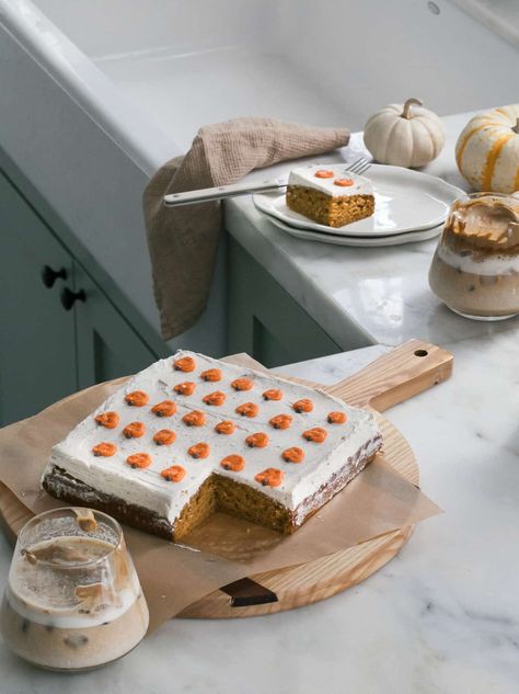 Mini Pumpkin Sheet Cake with Brown Butter Frosting - A Cozy Kitchen Cake With Brown Butter Frosting, Pumpkin Bread Mix, Mini Carrot Cake, Brown Butter Frosting, Pumpkin Sheet Cake, Butter Cream Cheese Frosting, Fall Fun Food, Delicious Sweets, Pumpkin Cinnamon Rolls