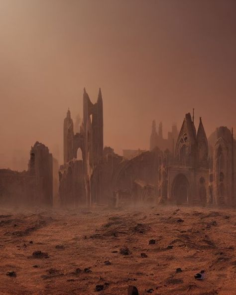 Fantasy Castle Ruins, Post Apocalyptic Desert, Dark Fantasy Castle, Gothic Ruins, Fantasy Worldbuilding, Desert Temple, Apocalypse Landscape, Post Apocalyptic City, Desert Aesthetic