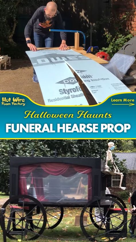 custom built funeral hearse stage coach made out of wood and foam complete with leds, red curtains, zombie horses, skeleton driver, and a place for a coffin Exterior Halloween Decor, Strašidelný Halloween, Outside Halloween Decorations, Halloween Decorations Ideas, Scary Halloween Decorations Outdoor, Foam Factory, Scary Halloween Decorations Diy, Haunted Mansion Halloween, Halloween Diy Outdoor