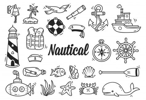 Set of nautical doodle Premium Vector Easy Nautical Drawings, Nautical Bullet Journal, Nautical Doodles, Sailing Doodles, Ship Doodle, Sailing Drawing, Nautical Drawings, Nautical Drawing, Travel Doodles